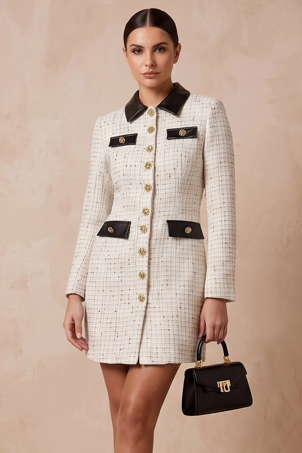 White Tweed Collared Long Sleeve Workwear Mini Dress