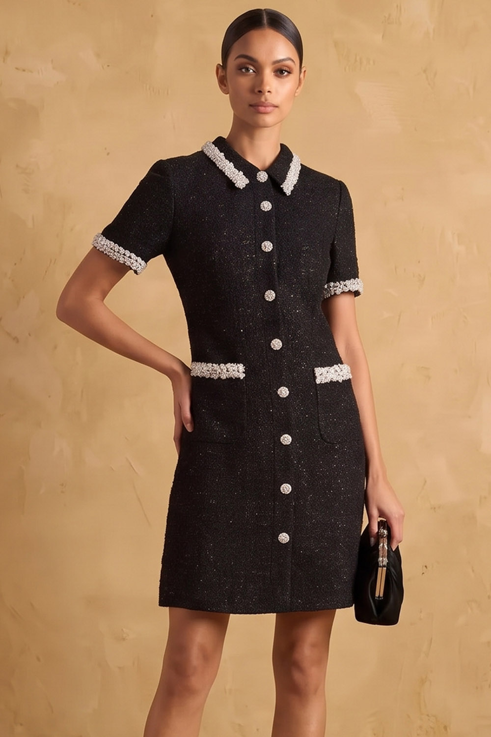 Black Tweed Collared Short Sleeve Workwear Mini Dress