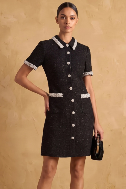 Black Tweed Collared Short Sleeve Workwear Mini Dress