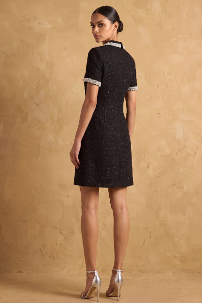 Black Tweed Collared Short Sleeve Workwear Mini Dress