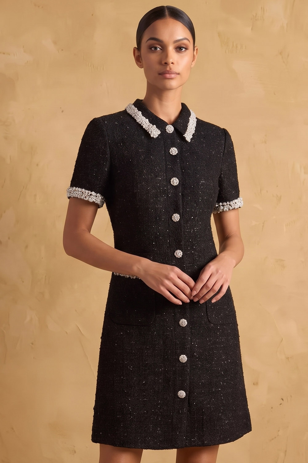 Black Tweed Collared Short Sleeve Workwear Mini Dress