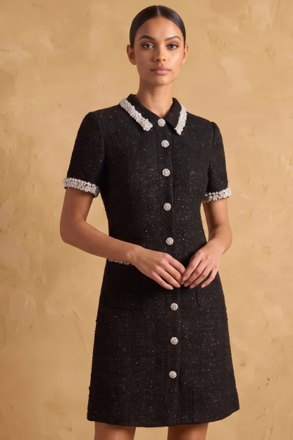 Black Tweed Collared Short Sleeve Workwear Mini Dress
