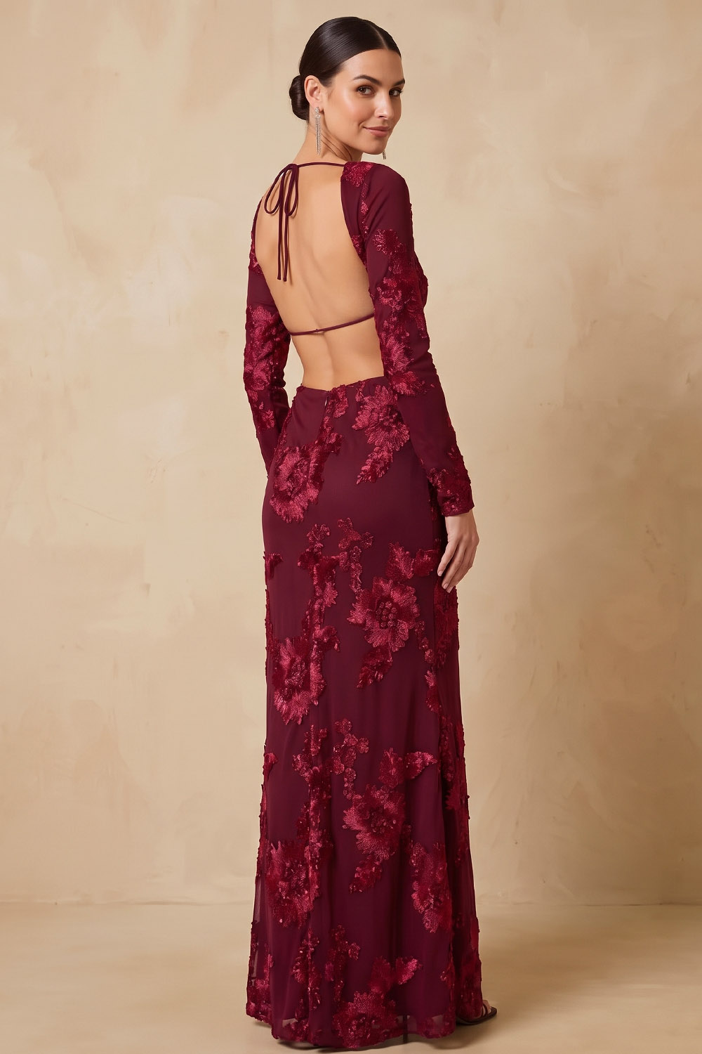 3D Floral Embroidered Lace Burgundy Long Sleeve Formal&Evening Dress