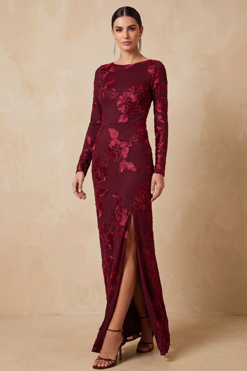 3D Floral Embroidered Lace Burgundy Long Sleeve Formal&Evening Dress