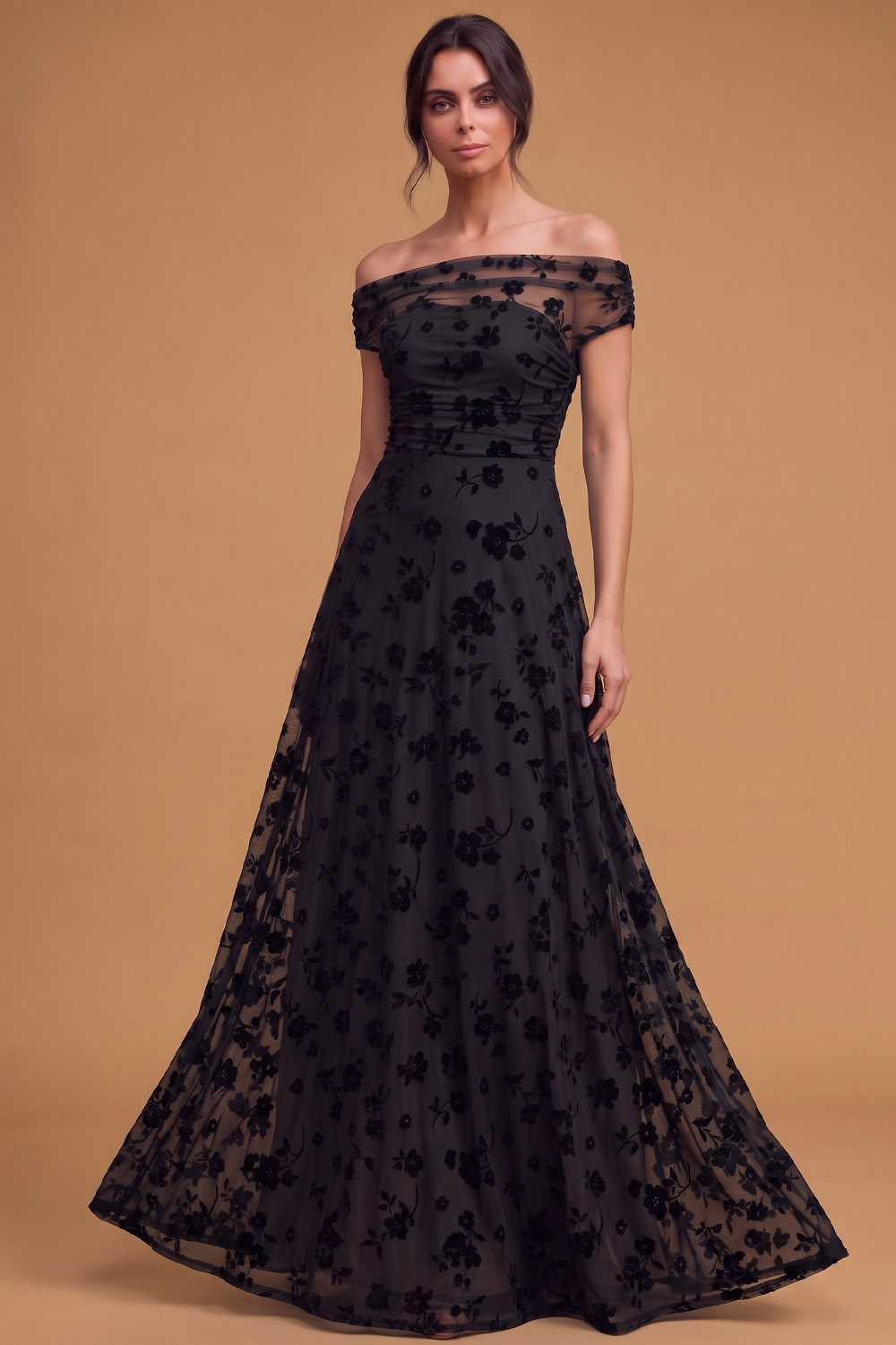 Off The Shoulder Black Floral Tulle Formal&Evening Dress