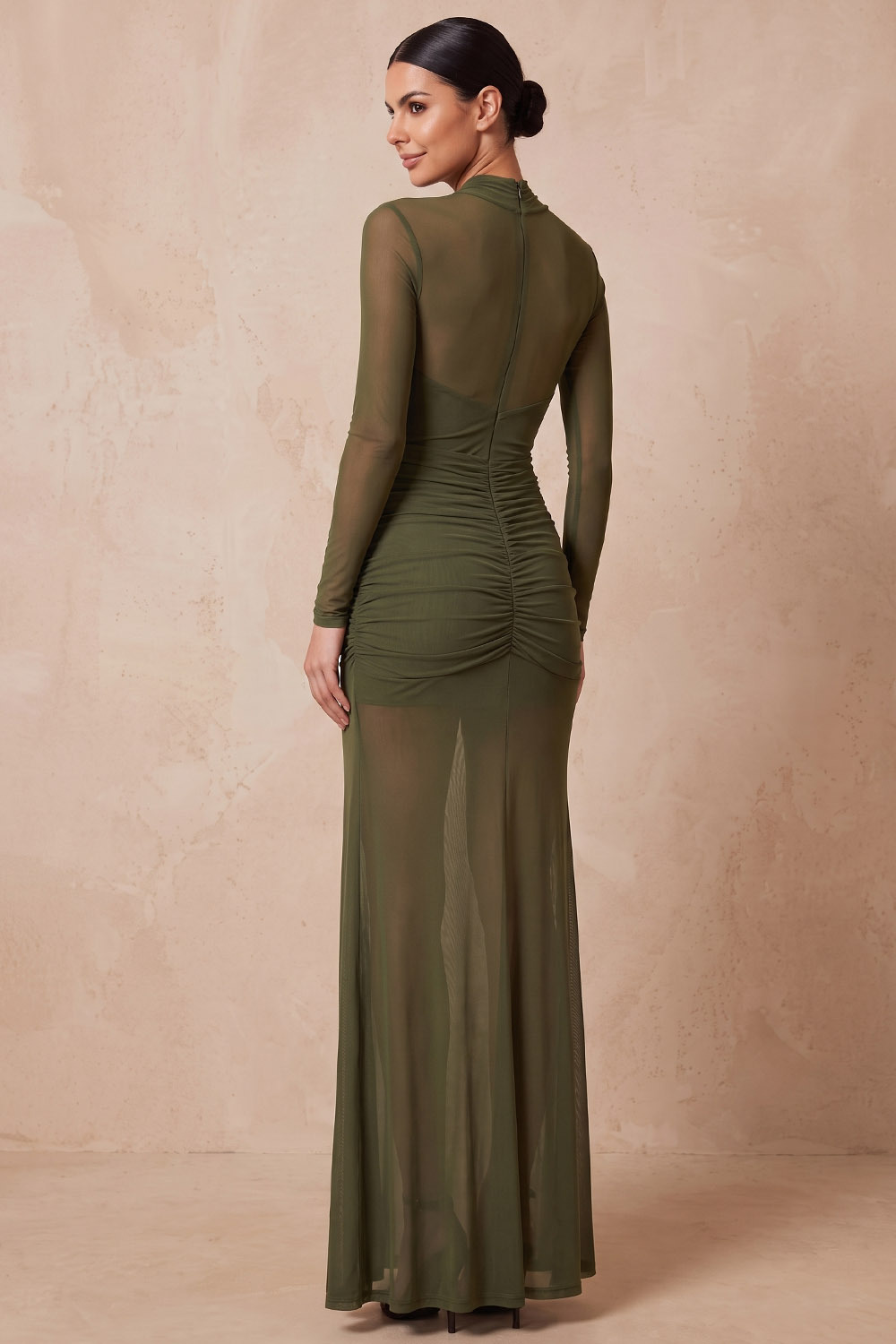 Olive Cross Halter Long Sleeve Formal & Evening Mesh Maxi Dress
