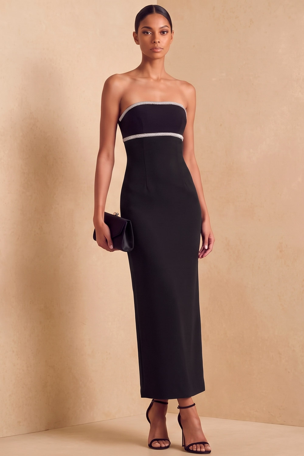 Black Strapless Rhinestone Trim Formal & Evening Stretch Crepe Maxi Dress