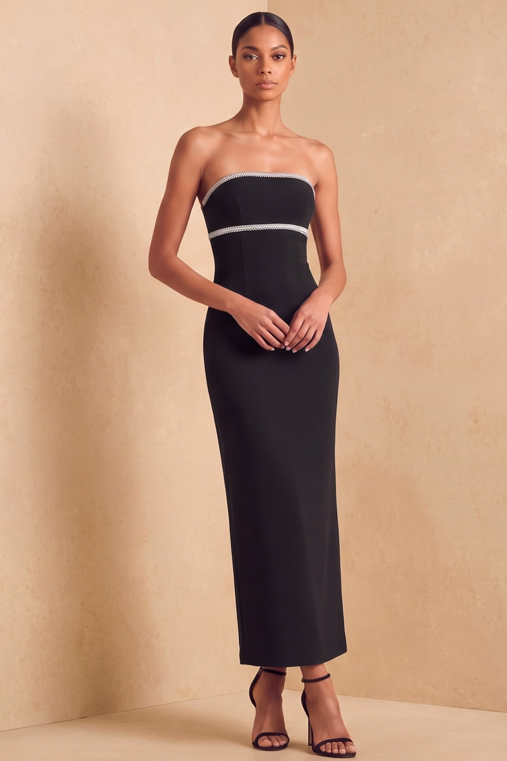 Black Strapless Rhinestone Trim Formal & Evening Stretch Crepe Maxi Dress
