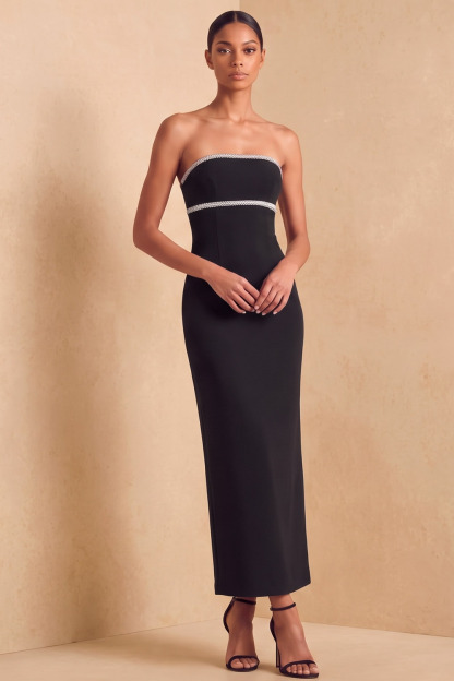 Black Strapless Rhinestone Trim Formal & Evening Stretch Crepe Maxi Dress
