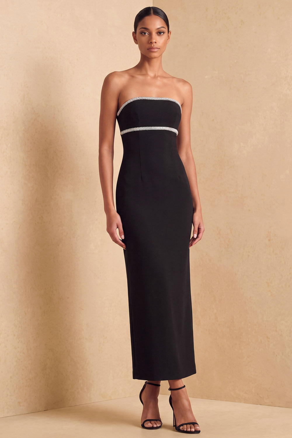 Black Strapless Rhinestone Trim Formal & Evening Stretch Crepe Maxi Dress
