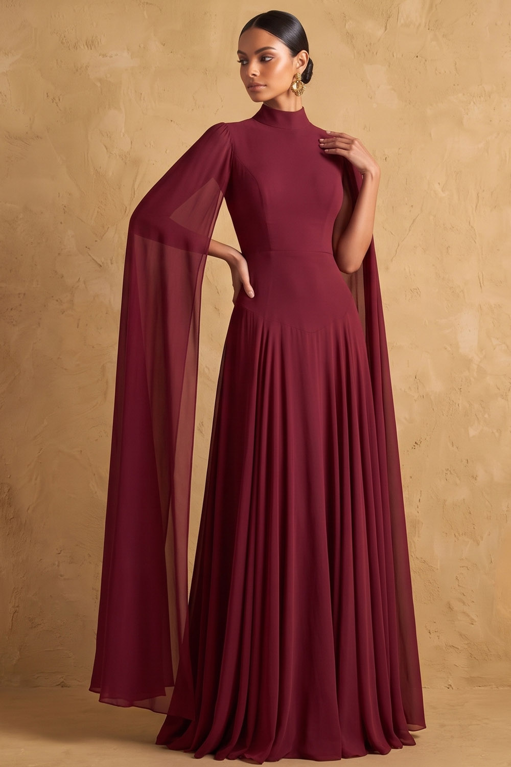 Rust High Neck Cape Sleeve Wedding Guest Chiffon Maxi Dress
