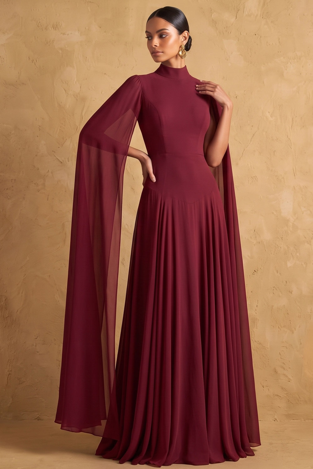 Rust High Neck Cape Sleeve Wedding Guest Chiffon Maxi Dress