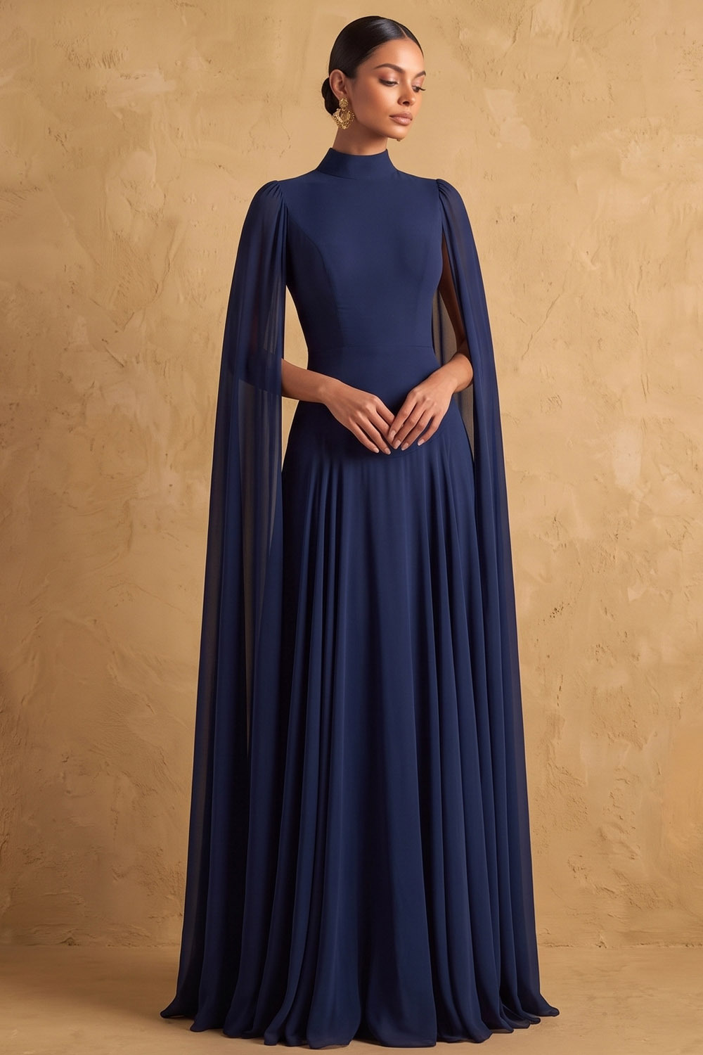 Rust High Neck Cape Sleeve Wedding Guest Chiffon Maxi Dress