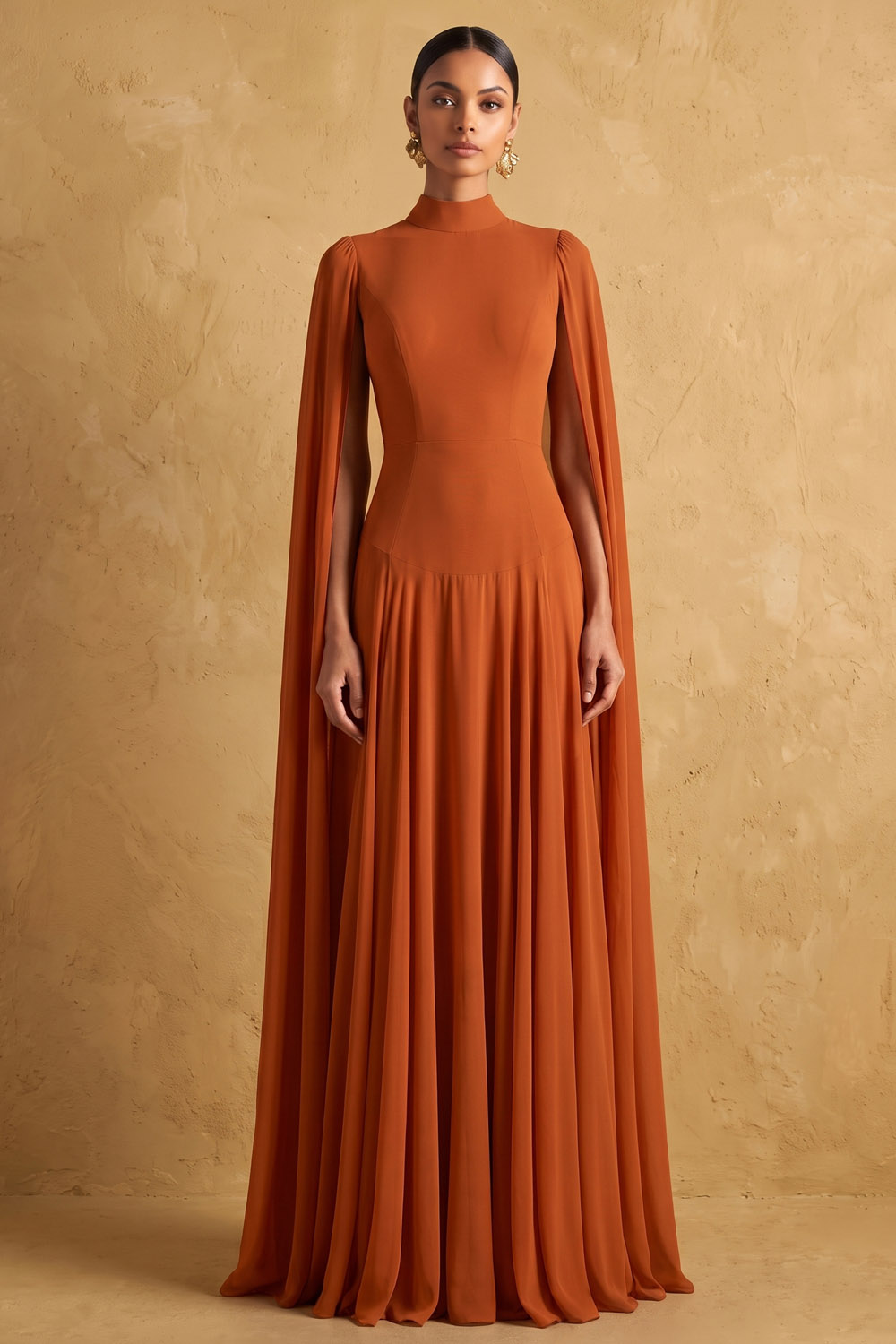 Rust High Neck Cape Sleeve Wedding Guest Chiffon Maxi Dress
