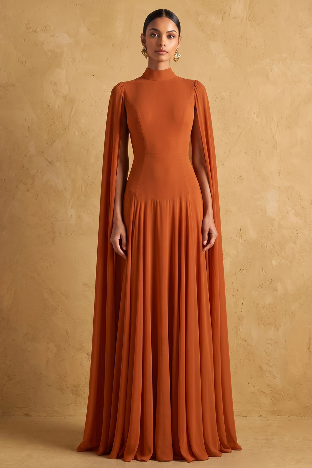 Rust High Neck Cape Sleeve Wedding Guest Chiffon Maxi Dress-chiclody