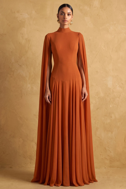 Rust High Neck Cape Sleeve Wedding Guest Chiffon Maxi Dress