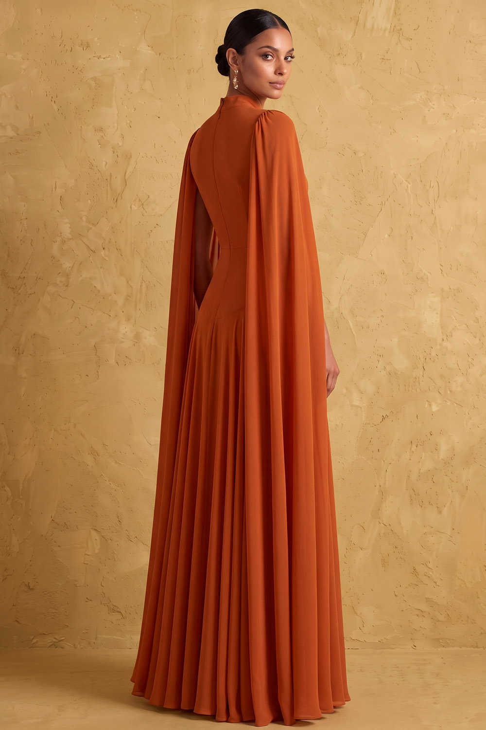 Rust High Neck Cape Sleeve Wedding Guest Chiffon Maxi Dress