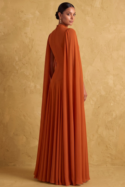 Rust High Neck Cape Sleeve Wedding Guest Chiffon Maxi Dress