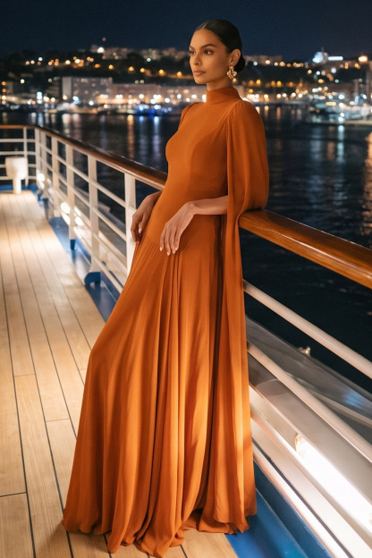 Rust High Neck Cape Sleeve Wedding Guest Chiffon Maxi Dress