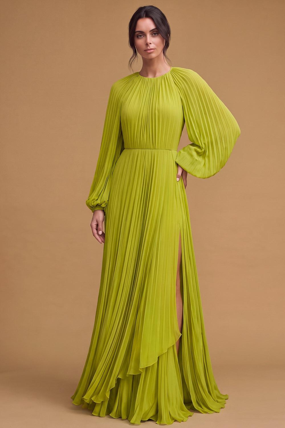 Pleated Long Sleeve Mustard Green Wedding Guest Chiffon Maxi Dress