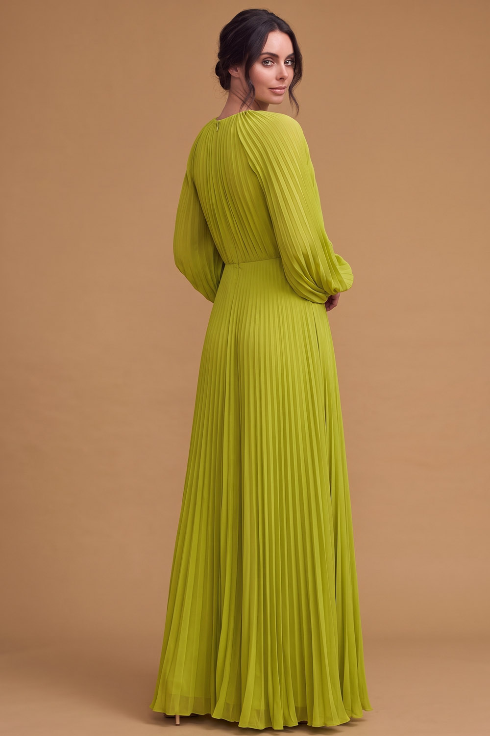 Pleated Long Sleeve Mustard Green Wedding Guest Chiffon Maxi Dress