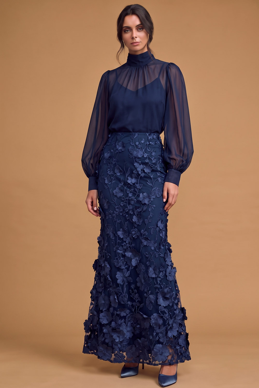 Navy High Neck 3D Floral Embroidered Wedding Guest Mermaid Maxi Dress