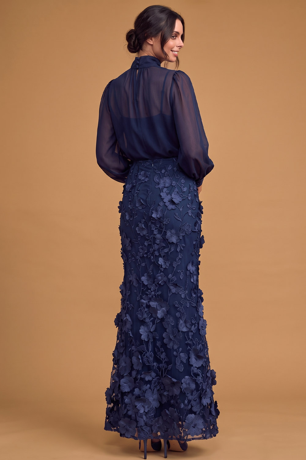 Navy High Neck 3D Floral Embroidered Wedding Guest Mermaid Maxi Dress