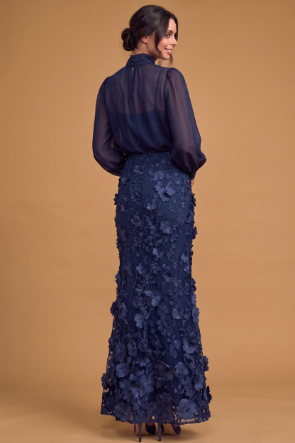 Navy High Neck 3D Floral Embroidered Wedding Guest Mermaid Maxi Dress