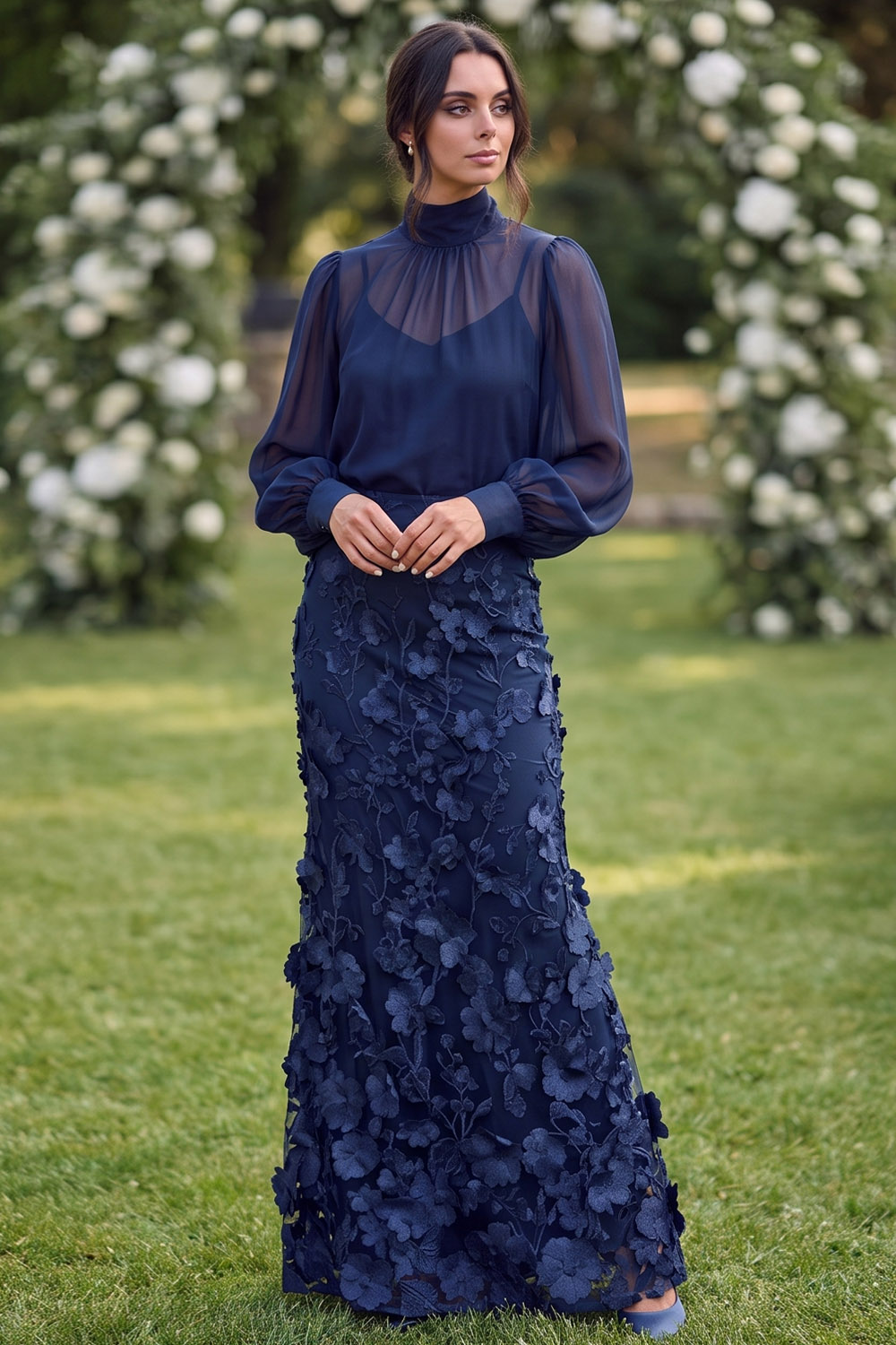 Navy High Neck 3D Floral Embroidered Wedding Guest Mermaid Maxi Dress