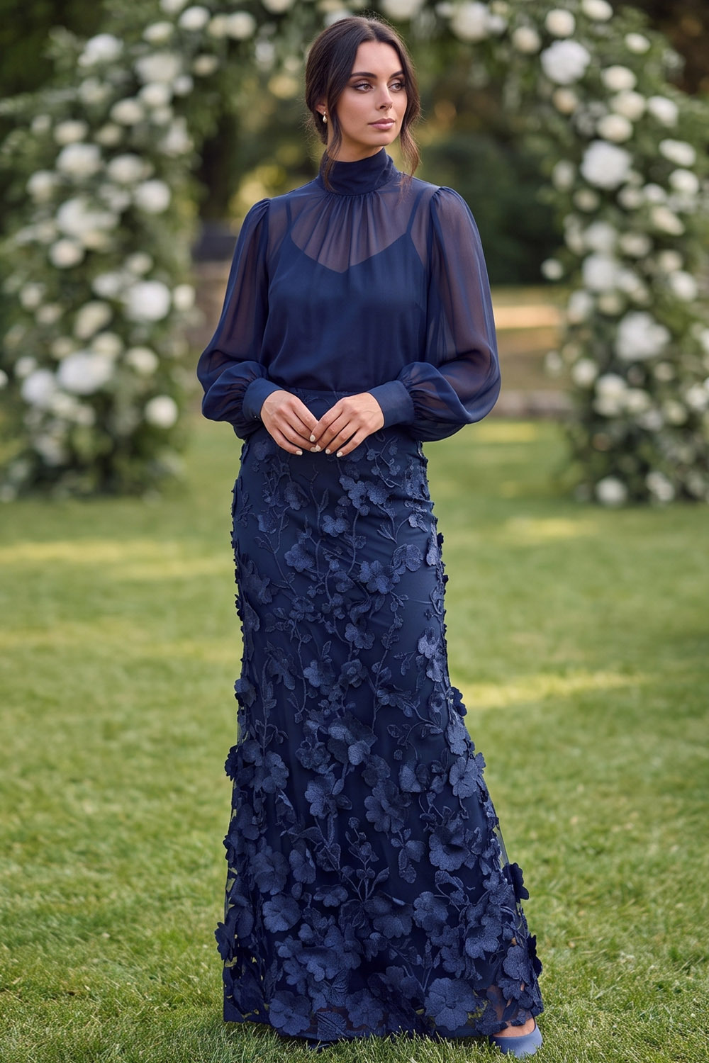 Navy High Neck 3D Floral Embroidered Wedding Guest Mermaid Maxi Dress