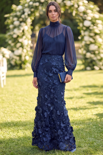 Navy High Neck 3D Floral Embroidered Wedding Guest Mermaid Maxi Dress
