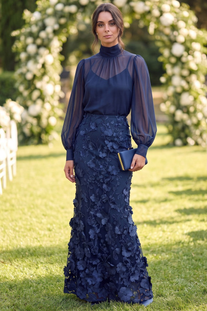 Navy High Neck 3D Floral Embroidered Wedding Guest Mermaid Maxi Dress