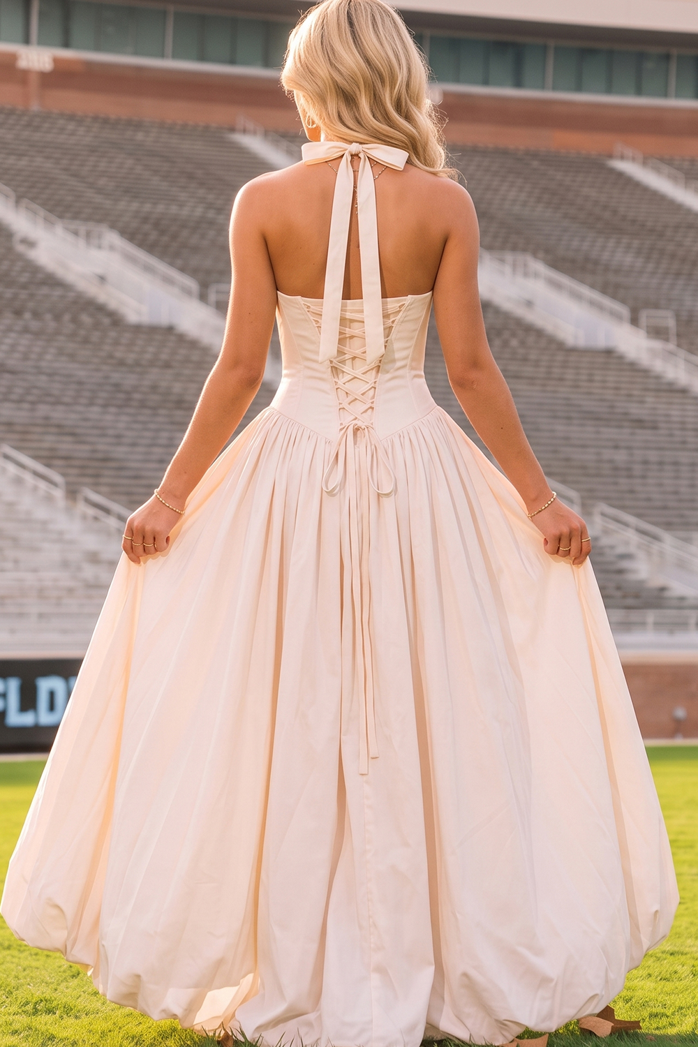 White Halter Square Neck Corset A-Line Maxi Prom Dress With High Side Slit