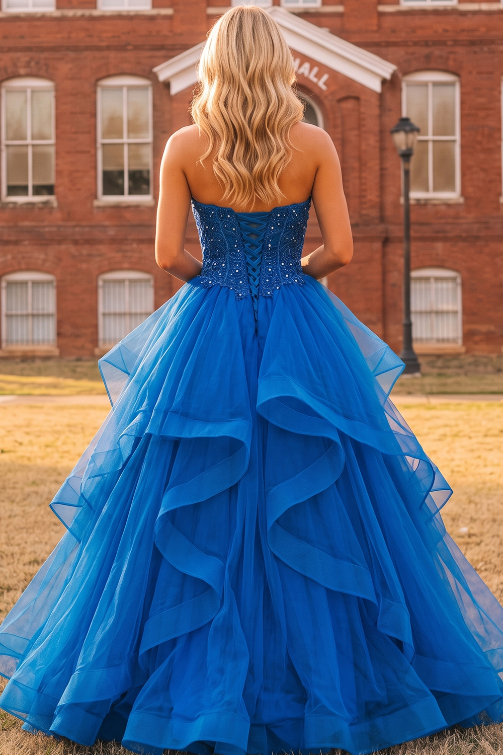Royal Blue Strapless Ruffled Tulle Ball Gown Maxi Prom Dress