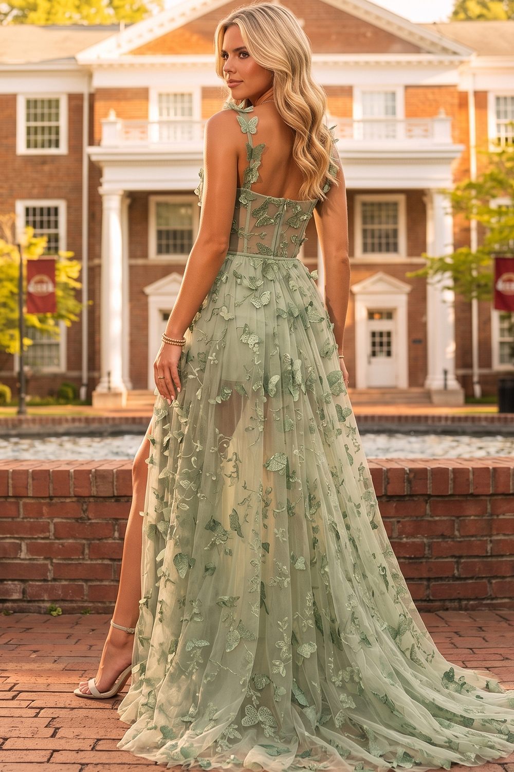 Green Spaghetti Strap Butterfly Appliqué Tulle Slit Maxi Prom Dress
