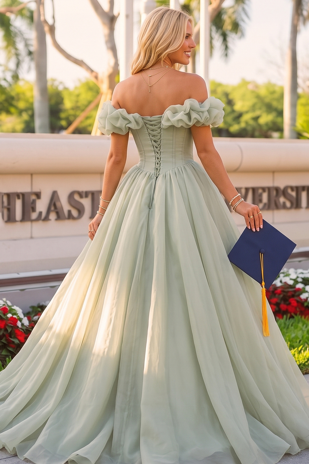 Green Off The Shoulder Ruffle Chiffon Maxi Prom Dress