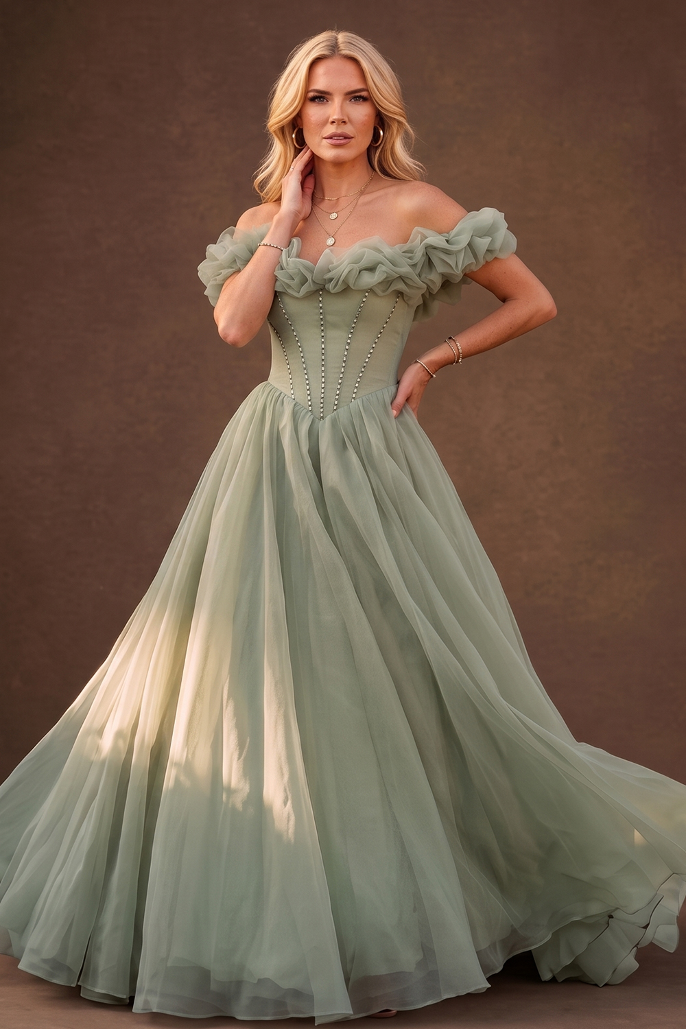 Green Off The Shoulder Ruffle Chiffon Maxi Prom Dress