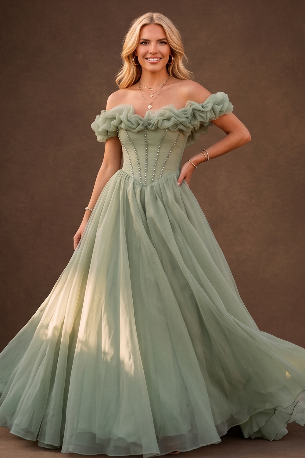 Green Off The Shoulder Ruffle Chiffon Maxi Prom Dress
