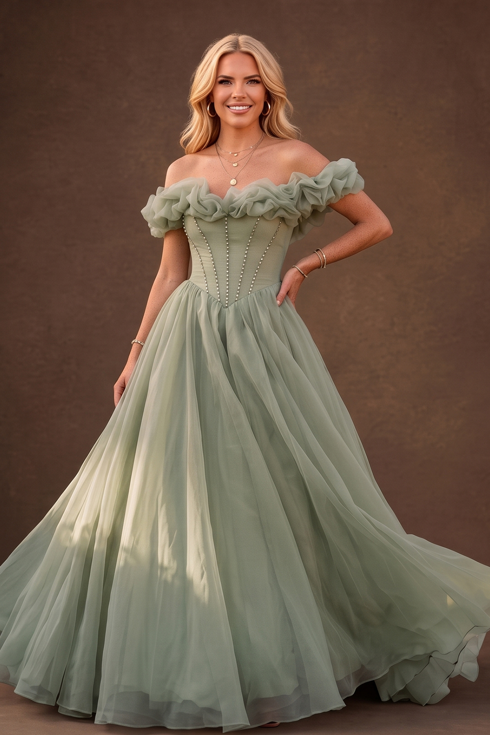 Green Off The Shoulder Ruffle Chiffon Maxi Prom Dress