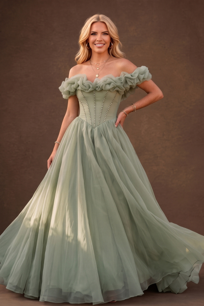 Green Off The Shoulder Ruffle Chiffon Maxi Prom Dress