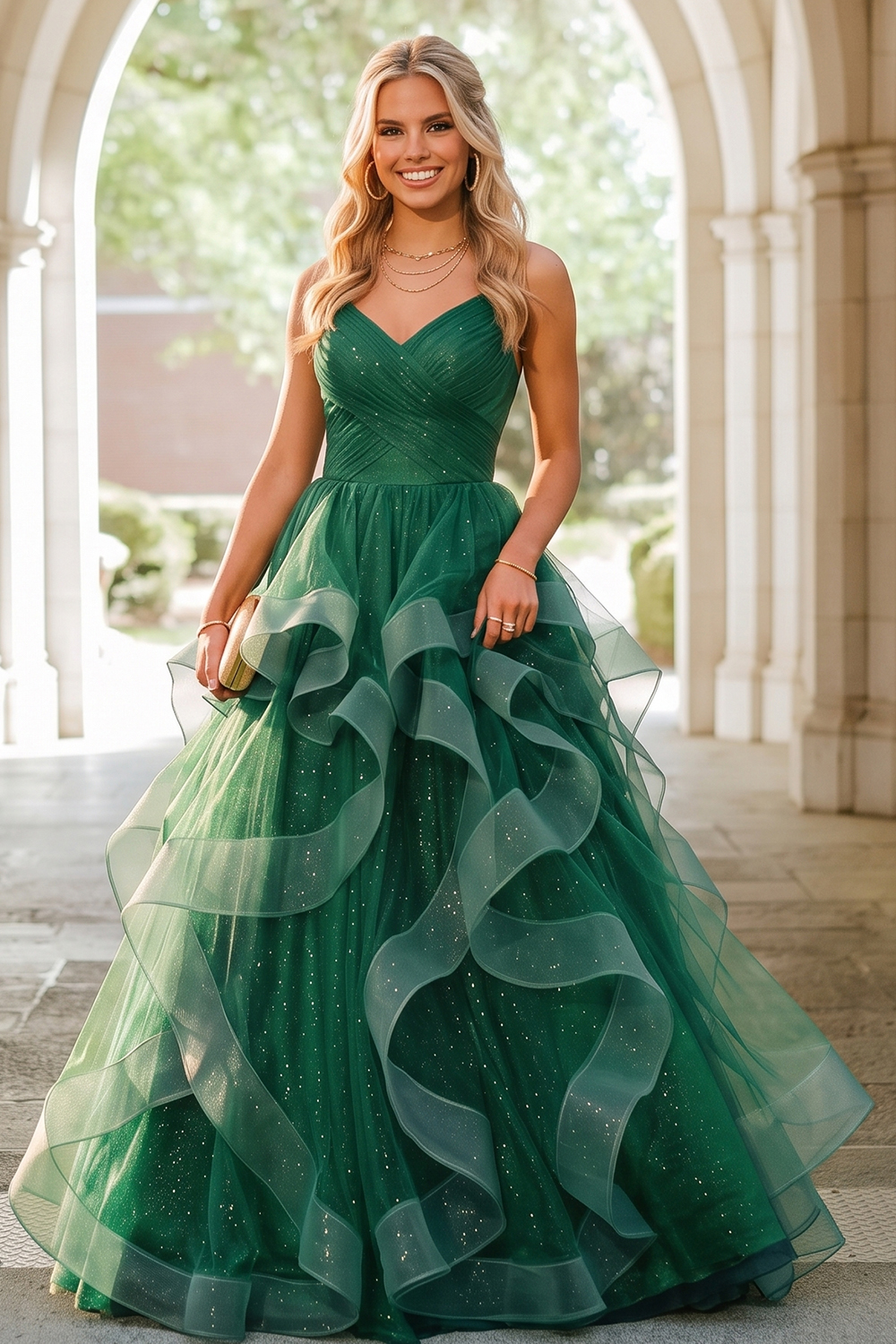 Green V-neck Spaghetti Strap Ruffle Tulle Glitter Maxi Prom Dress