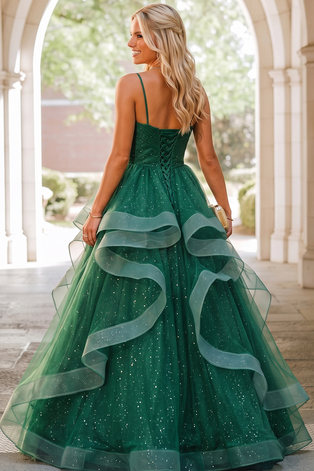 Green V-neck Spaghetti Strap Ruffle Tulle Glitter Maxi Prom Dress