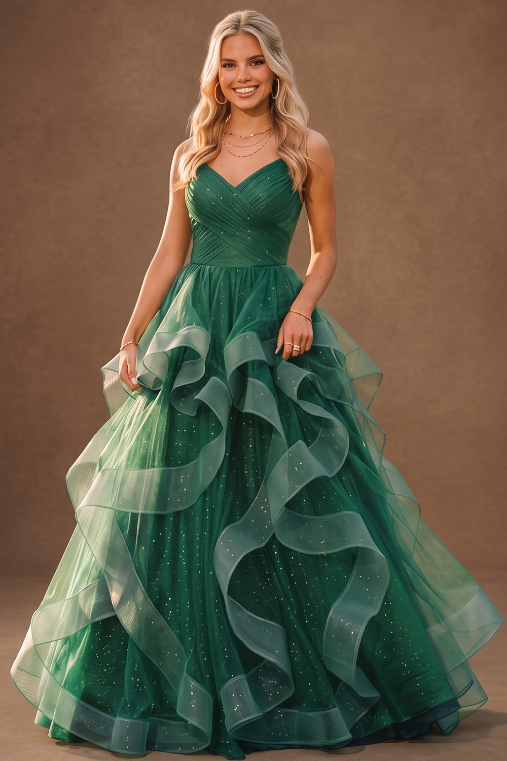 Green V-neck Spaghetti Strap Ruffle Tulle Glitter Maxi Prom Dress