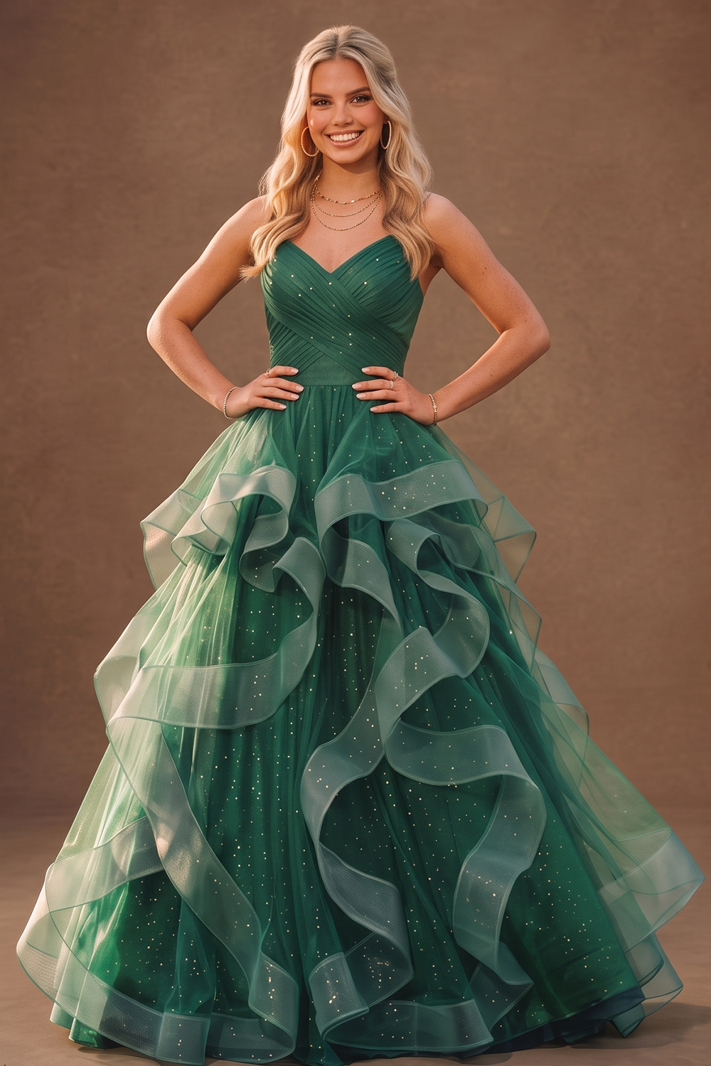 Green V-neck Spaghetti Strap Ruffle Tulle Glitter Maxi Prom Dress
