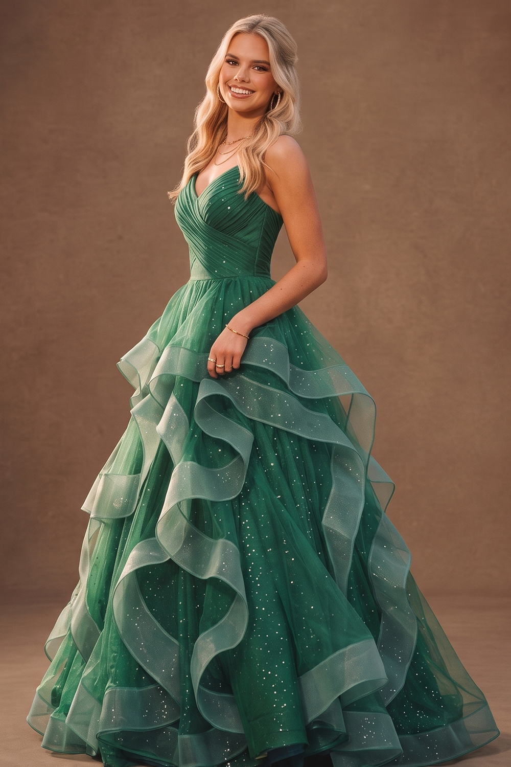 Green V-neck Spaghetti Strap Ruffle Tulle Glitter Maxi Prom Dress