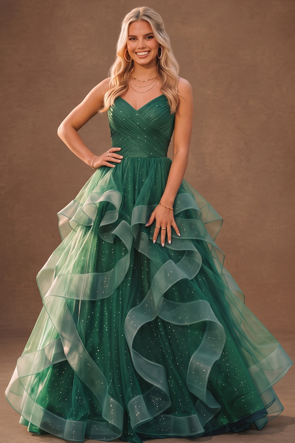 Green V-neck Spaghetti Strap Ruffle Tulle Glitter Maxi Prom Dress
