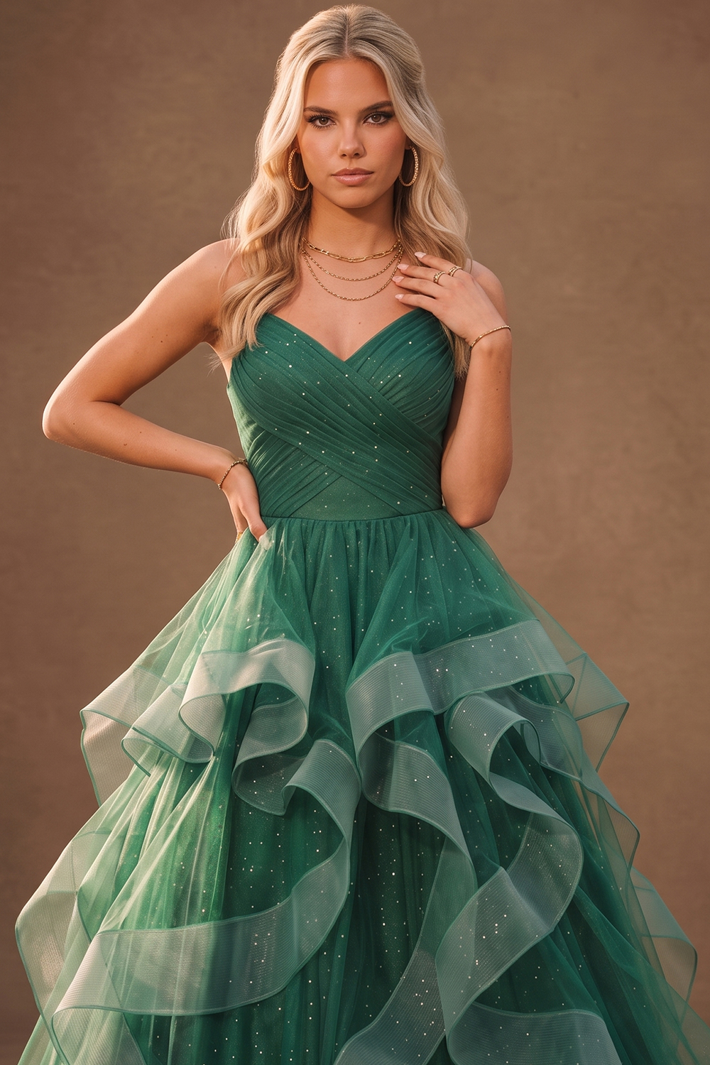 Green V-neck Spaghetti Strap Ruffle Tulle Glitter Maxi Prom Dress