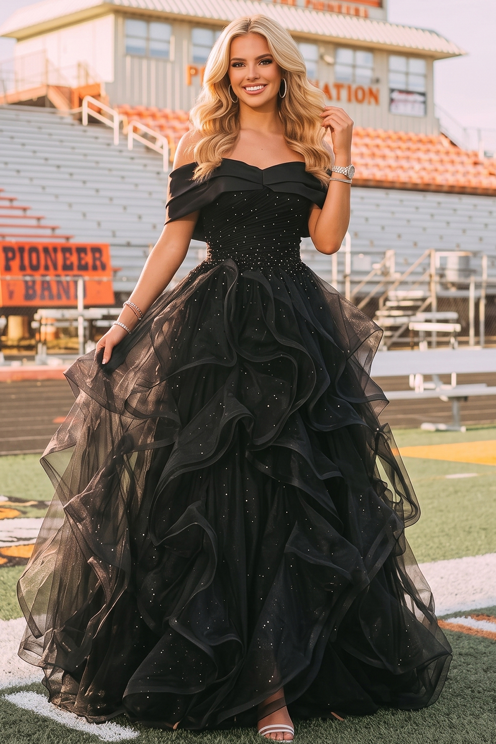 Black Off The Shoulder Ruffle Tulle Glitter Maxi Prom Dress