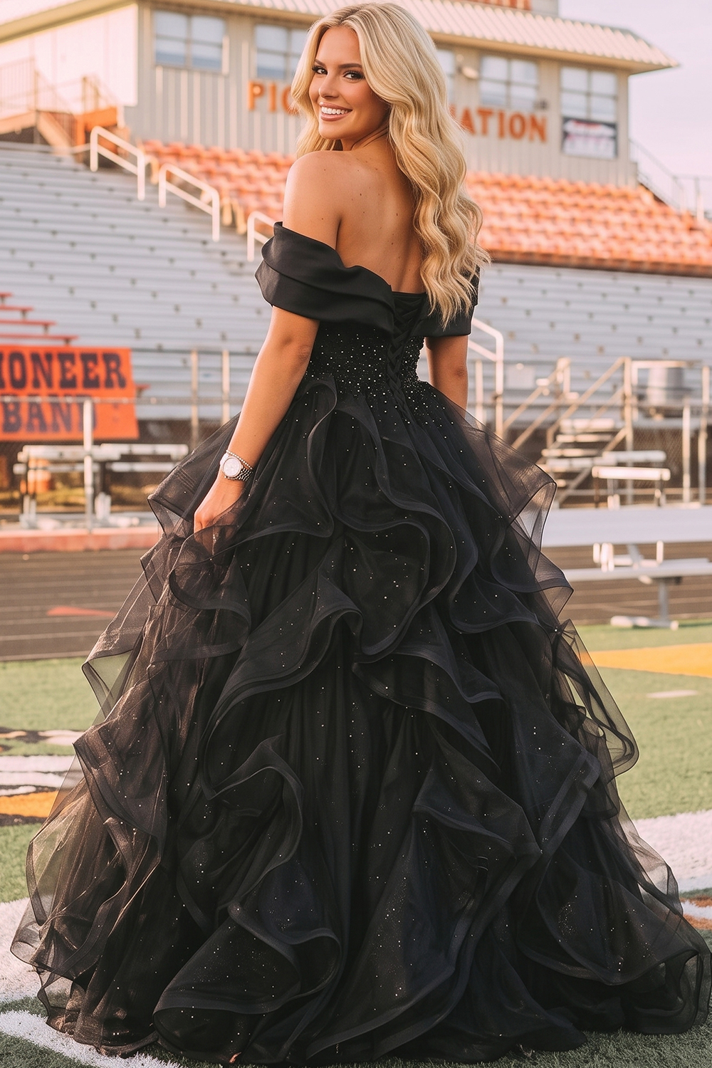 Black Off The Shoulder Ruffle Tulle Glitter Maxi Prom Dress