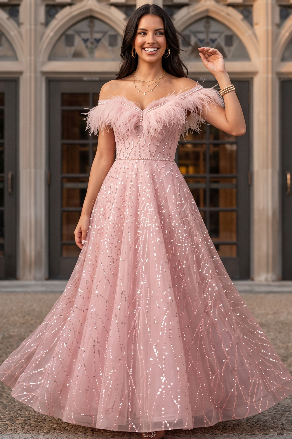 Light Pink Off Shoulder A Line Maxi Prom Dress-chiclody